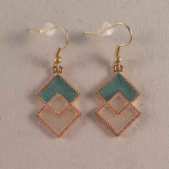 New Gold Geometric Diamond Shape Teal Blue Turquoise White Drop Dangle Earrings - Picture 1 of 2